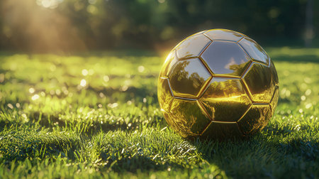 Golden soccer ball on green grass. Soccer ball on the field.の素材