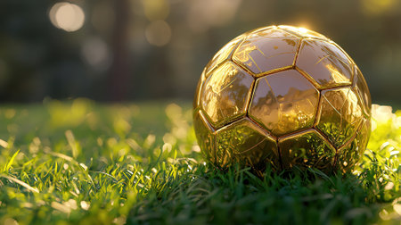 Golden soccer ball on green grass with bokeh light background.の素材