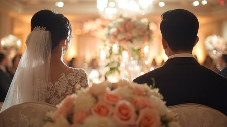 Wedding couple holding hands and looking at each other in restaurantの素材