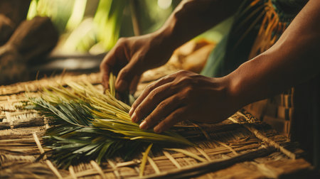 Close up of woman hands making traditional thai bamboo matting.の素材