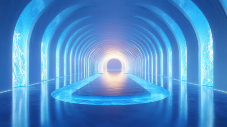 Futuristic tunnel corridor with glowing lights, 3d render illustrationの素材