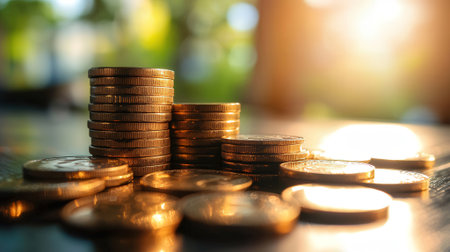 Stacks of gold coins on the table with bokeh backgroundの素材