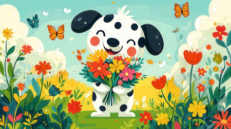 Cute dalmatian dog with a bouquet of flowers. Vector illustration.の素材