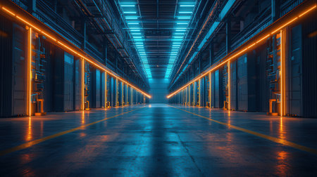 3D rendering of a warehouse corridor with neon lights in the backgroundの素材