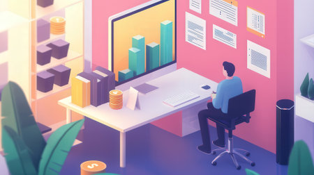 Businessman working on computer in modern office interior. 3D Renderingの素材