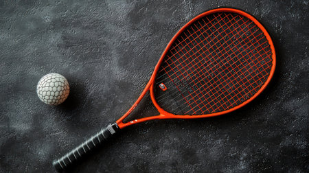 Tennis racket and ball on black background. Top view with copy spaceの素材