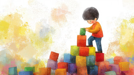 Little boy playing with blocks on colorful watercolor background. Happy childhood conceptの素材