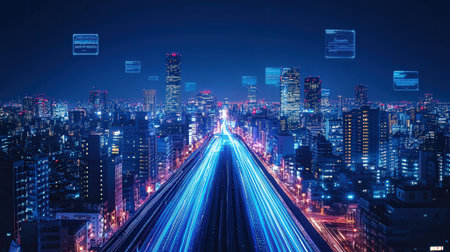 Cityscape of modern city at night with high speed traffic light trailsの素材