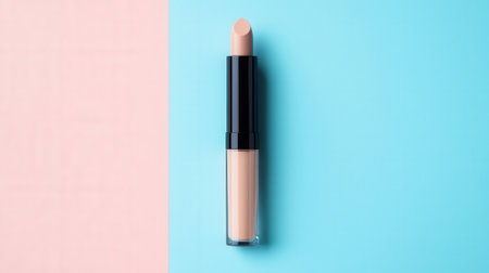 Lipstick on pastel blue and pink background. Top view.の素材