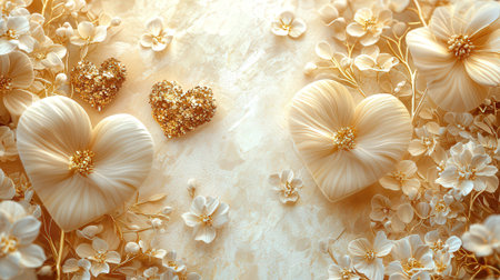 Valentines day background with golden hearts and flowers. Top view.の素材