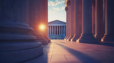 Close up view of the columns of the Supreme Court at sunset.の素材