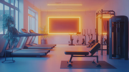 Interior of a fitness hall in neon light. 3d renderingの素材