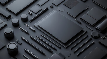 Highly rendering of black branding mock-up set on black backgroundの素材