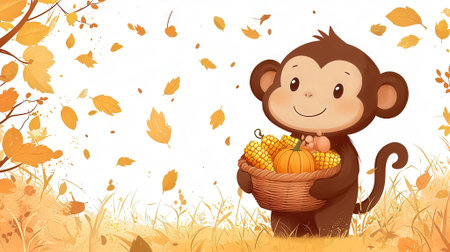 Cute monkey holding a basket full of autumn leaves. Vector illustration.の素材