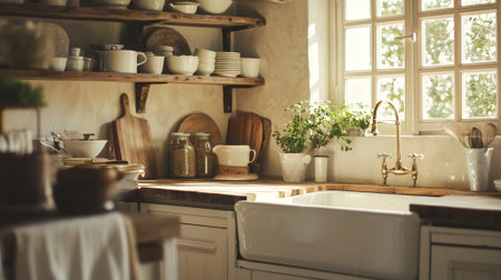 Kitchen interior with sink and countertop, toned image.の素材