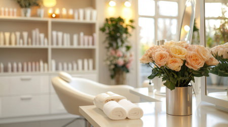 Bathroom interior with flowers and towels on table, closeupの素材