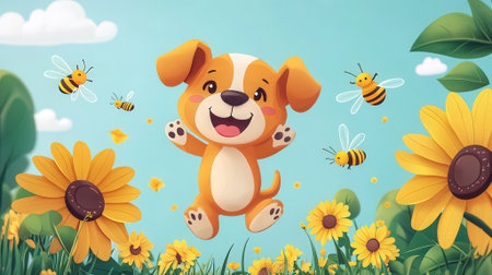 Cute cartoon dog with sunflower and bees. Vector illustration.の素材