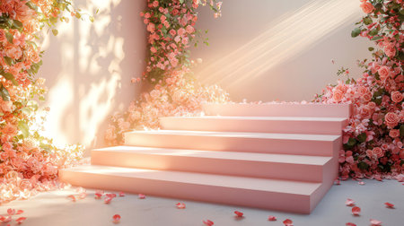 3d render, abstract minimal scene with stairs and flowers, podium for product presentationの素材