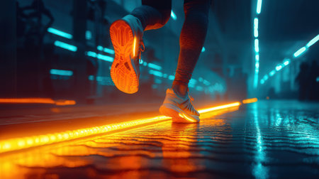 Running man. Close up of male legs in sportswear running at night.の素材