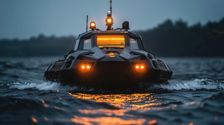 3d rendering of a police car driving fast on the water.の素材