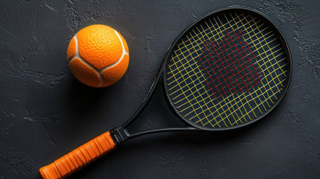 Tennis racket and ball on black background. Top view with copy spaceの素材