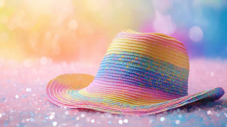 Colorful hat on snow background with bokeh effect. Summer holiday concept.の素材