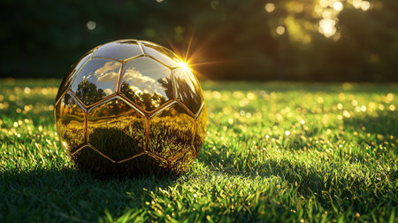 Soccer ball on green grass with sun flare. Golden ball on green grass.の素材