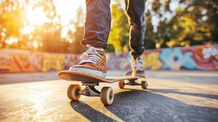 Skateboarder riding skateboard at skatepark on sunny dayの素材