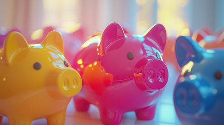 Piggy bank in a row. Selective focus and shallow depth of field.の素材