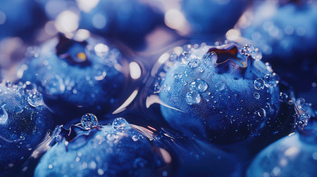 Fresh blueberries with water drops close up. Blueberry background.の素材