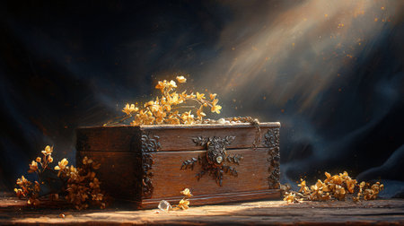 Wooden treasure chest with golden flowers on dark background with rays of lightの素材