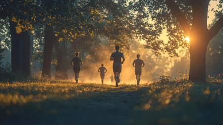 Group of people jogging in the park at sunrise. Healthy lifestyle concept.の素材