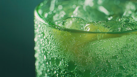 Green soda drink with ice cubes and lime on dark background. Close up.の素材