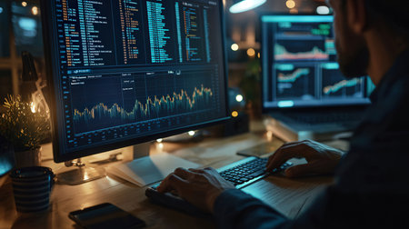 Side view of man working on computer in dark office at night. Man typing on keyboard and looking at screen. Stock market conceptの素材