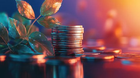 Coins stack and green plant on blue background. Saving money concept.の素材