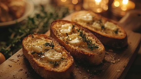 Delicious bruschetta with cheese and herbs on wooden boardの素材