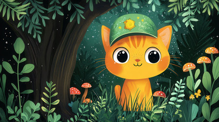 Cute cat in the forest. Vector illustration. Cartoon style.の素材