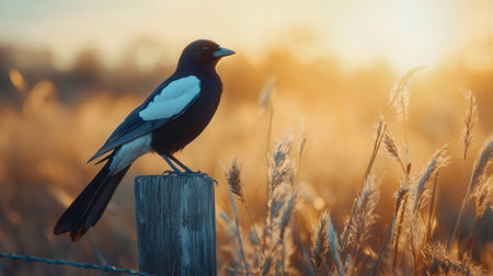 Magpie bird in the meadow at sunset. Beautiful nature background.の素材