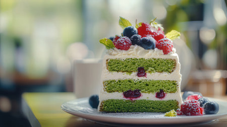 Piece of cake with raspberries, blueberries and strawberriesの素材