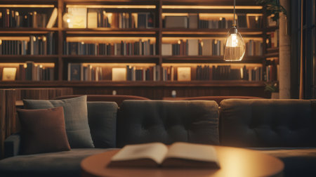 Coffee shop interior with bookshelf and comfortable sofa.の素材