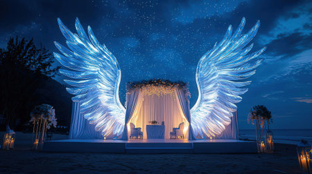 Beautiful wedding arch with angel wings at night. 3D renderingの素材