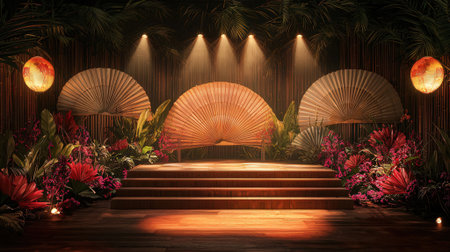 3D rendering of a stage with palm leaves and lanterns.の素材