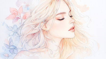 Portrait of a beautiful girl with long blond hair. Digital painting.の素材