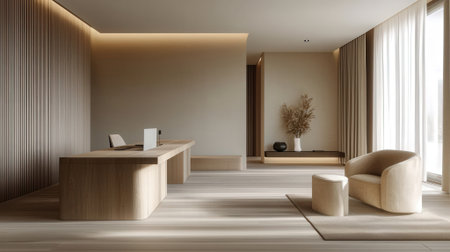 Interior of modern office waiting room with white walls, wooden floor, beige reception desk and armchair. 3d renderingの素材