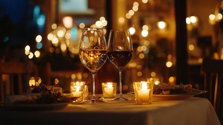 Two glasses of red and white wine on a table in a restaurantの素材