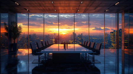 Luxury meeting room interior with city view. 3D Renderingの素材