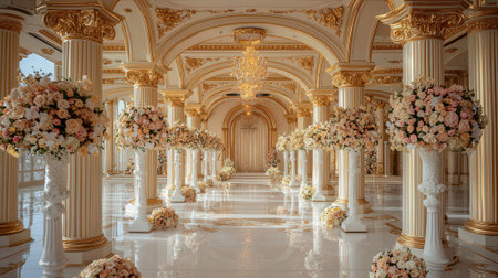 Wedding arch decorated with flowers and columns. Luxury interior.の素材