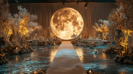 3D render of a fantasy garden with a full moon in the backgroundの素材