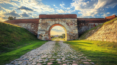 Old stone bridge at sunset in Vilnius old town, Lithuaniaの素材