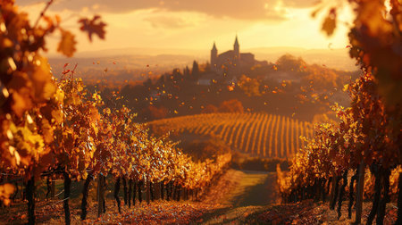 Autumn vineyards in Tuscany, Italy, at sunsetの素材